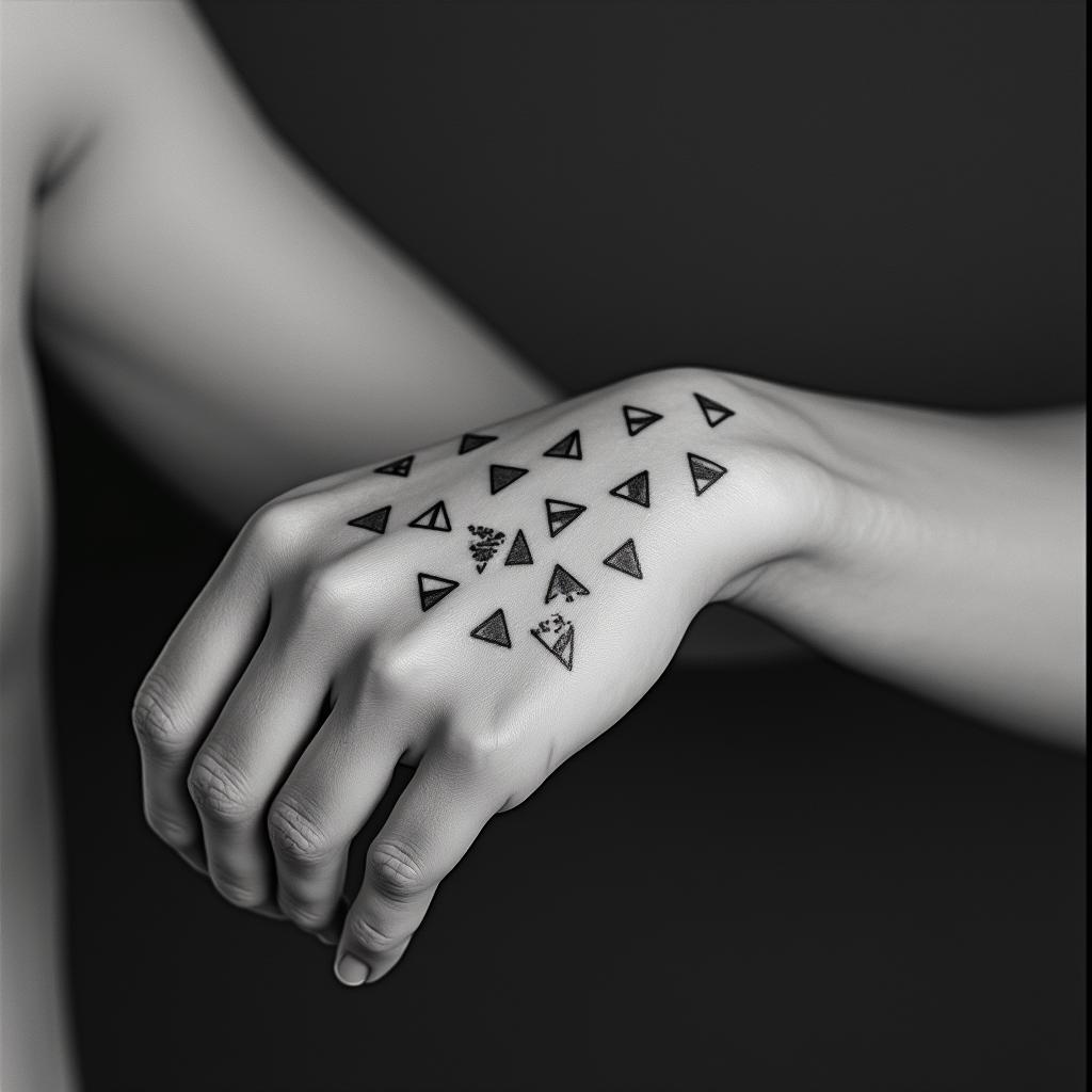 Familyin minimalist style tattoo, featuring simple shapes and fine lines, with minimal shading and details, tiny triangles, creating a sense of balance and harmony - Variation 3