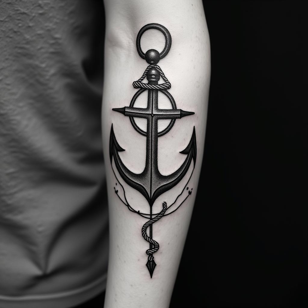 Anchor with nautical rope and compassin paganic style tattoo, featuring ancient symbols, add vegvisir symbol, mystical figures, incorporating designs, pentagrams, runes, crescent moons,