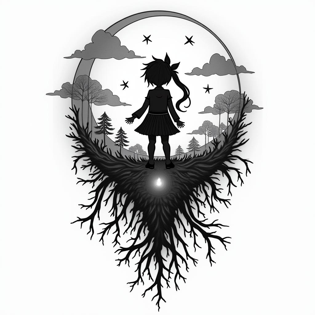 A tattoo design merging elements from Botelhos, featuring stylized landscapes to represent roots, incorporating symbols from the anime Konosuba, like a whimsical character silhouette, intertwined with musical elements reflecting the vibe of the Jimmy Rats band, all showcasing the duality of harmony and rage, depicted in a black and shaded color palette.higly detailed tattoo - Variation 4
