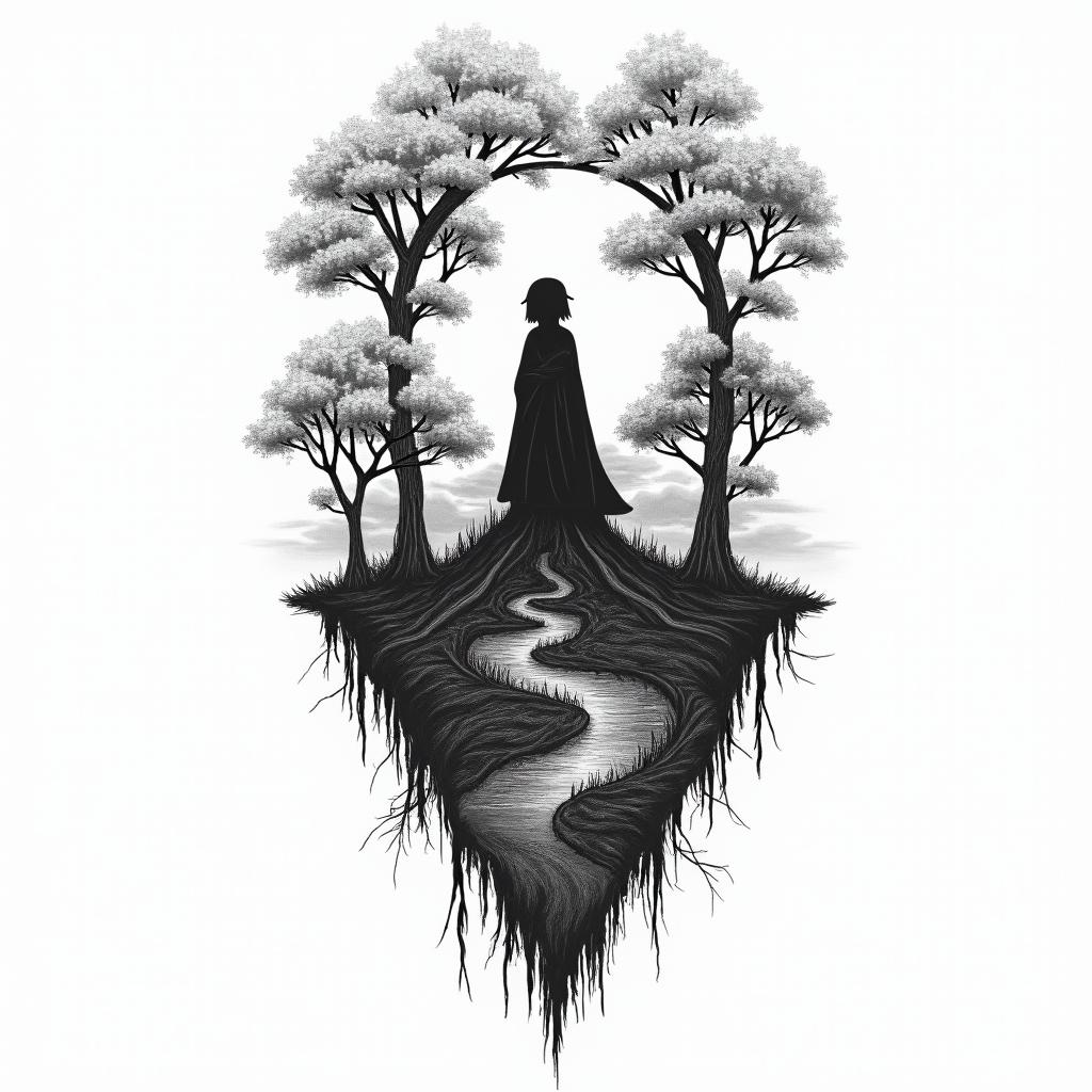 A tattoo design merging elements from Botelhos, featuring stylized landscapes to represent roots, incorporating symbols from the anime Konosuba, like a whimsical character silhouette, intertwined with musical elements reflecting the vibe of the Jimmy Rats band, all showcasing the duality of harmony and rage, depicted in a black and shaded color palette.higly detailed tattoo - Variation 3