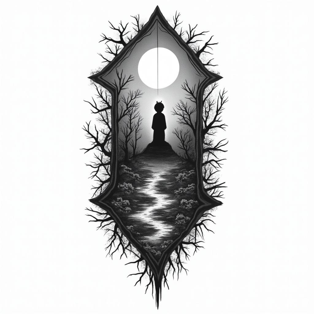 A tattoo design merging elements from Botelhos, featuring stylized landscapes to represent roots, incorporating symbols from the anime Konosuba, like a whimsical character silhouette, intertwined with musical elements reflecting the vibe of the Jimmy Rats band, all showcasing the duality of harmony and rage, depicted in a black and shaded color palette.higly detailed tattoo