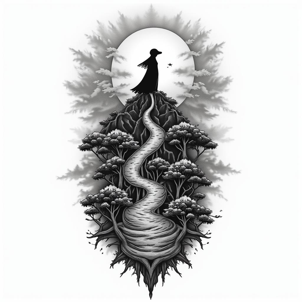 A tattoo design merging elements from Botelhos, featuring stylized landscapes to represent roots, incorporating symbols from the anime Konosuba, like a whimsical character silhouette, intertwined with musical elements reflecting the vibe of the Jimmy Rats band, all showcasing the duality of harmony and rage, depicted in a black and shaded color palette.higly detailed tattoo - Variation 2