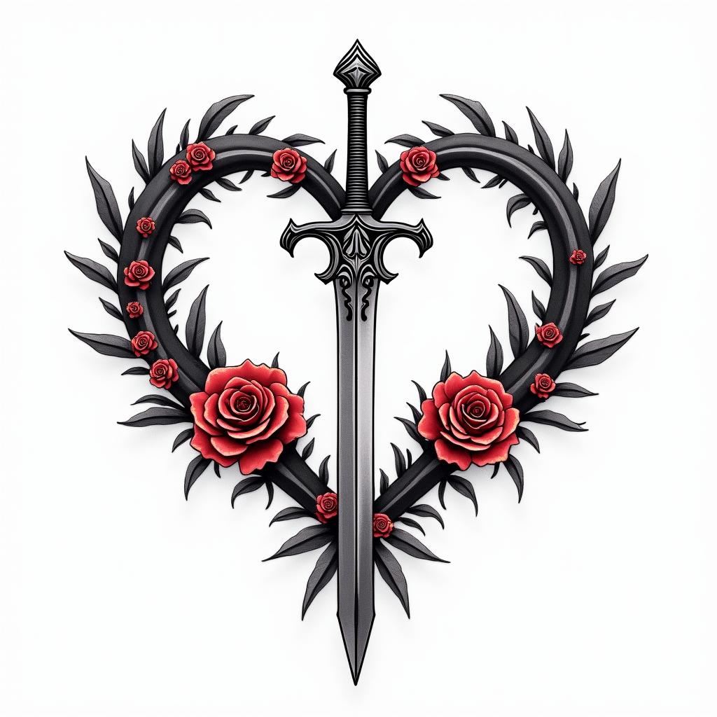 An infinity symbol in gothic style, with the name "Myron" elegantly placed on one loop and the name "Elyana" on the other loop. The design incorporates a detailed sword representing "Myron" and a beautiful rose representing "Elyana," symbolizing love and strength. The overall color scheme is black and red, emphasizing a gothic aesthetic.higly detailed tattoo - Variation 4