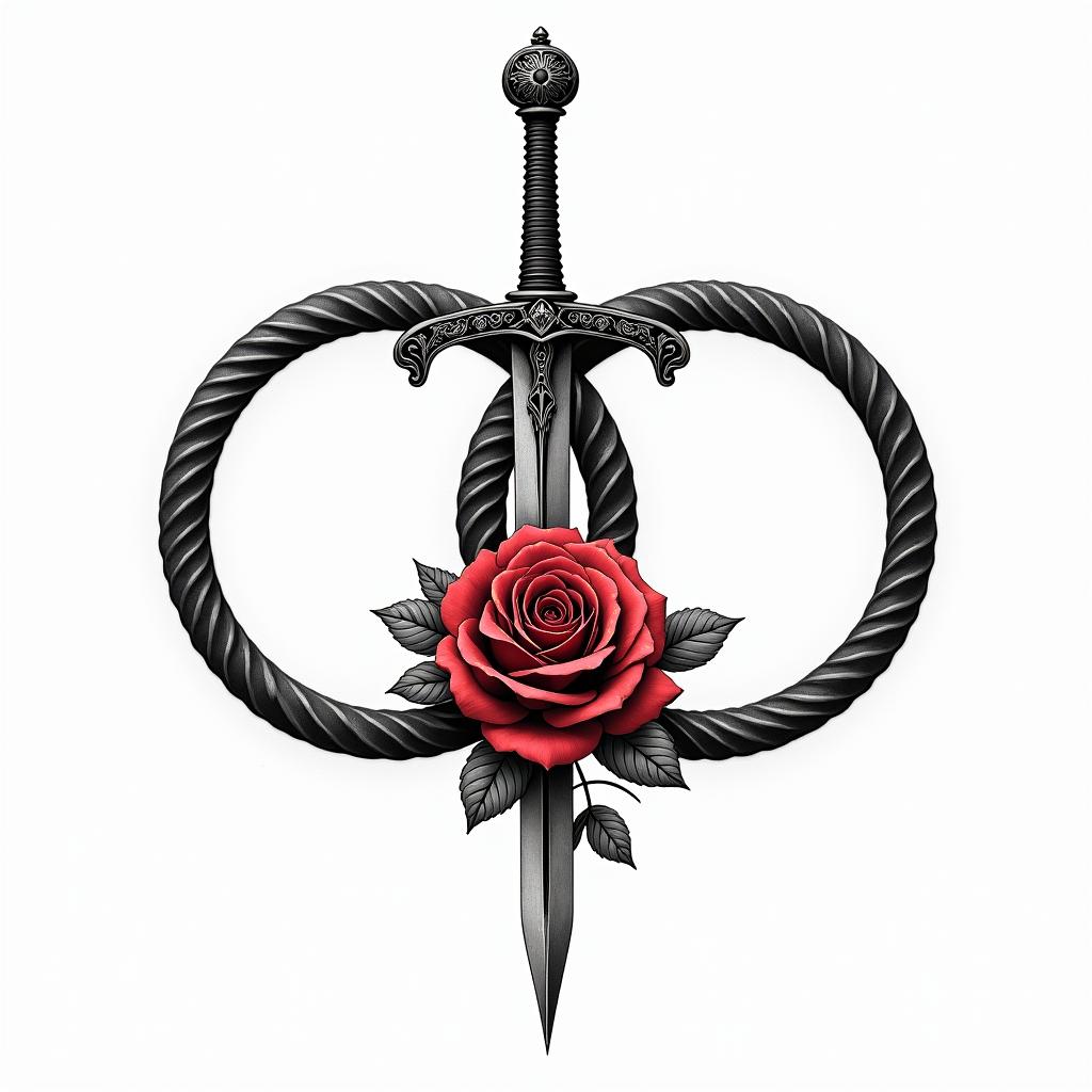 An infinity symbol in gothic style, with the name "Myron" elegantly placed on one loop and the name "Elyana" on the other loop. The design incorporates a detailed sword representing "Myron" and a beautiful rose representing "Elyana," symbolizing love and strength. The overall color scheme is black and red, emphasizing a gothic aesthetic.higly detailed tattoo