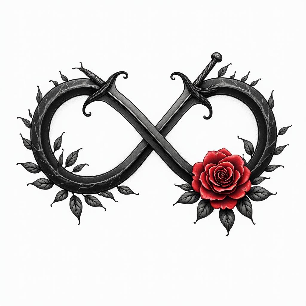 An infinity symbol in gothic style, with the name "Myron" elegantly placed on one loop and the name "Elyana" on the other loop. The design incorporates a detailed sword representing "Myron" and a beautiful rose representing "Elyana," symbolizing love and strength. The overall color scheme is black and red, emphasizing a gothic aesthetic.higly detailed tattoo - Variation 2