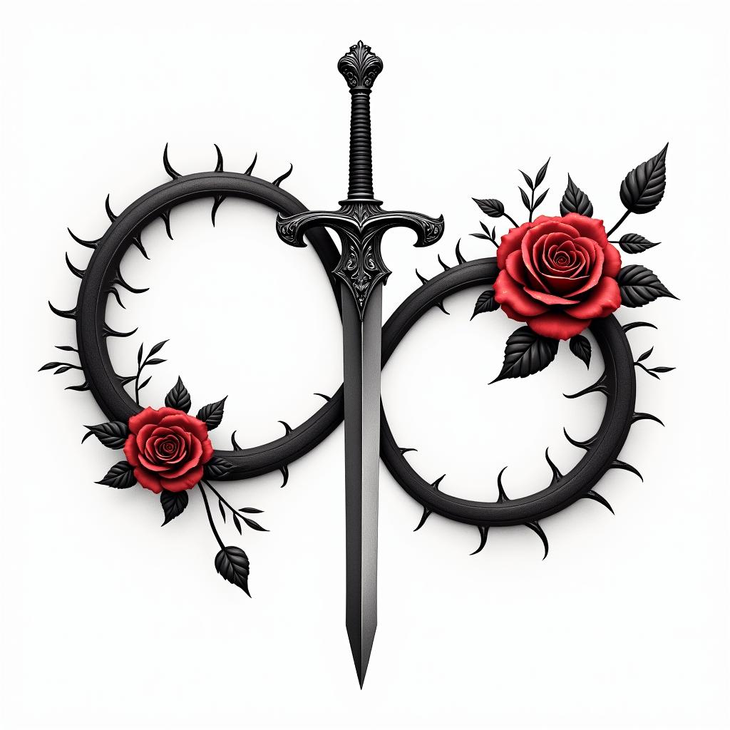 An infinity symbol in gothic style, with the name "Myron" elegantly placed on one loop and the name "Elyana" on the other loop. The design incorporates a detailed sword representing "Myron" and a beautiful rose representing "Elyana," symbolizing love and strength. The overall color scheme is black and red, emphasizing a gothic aesthetic.higly detailed tattoo - Variation 3