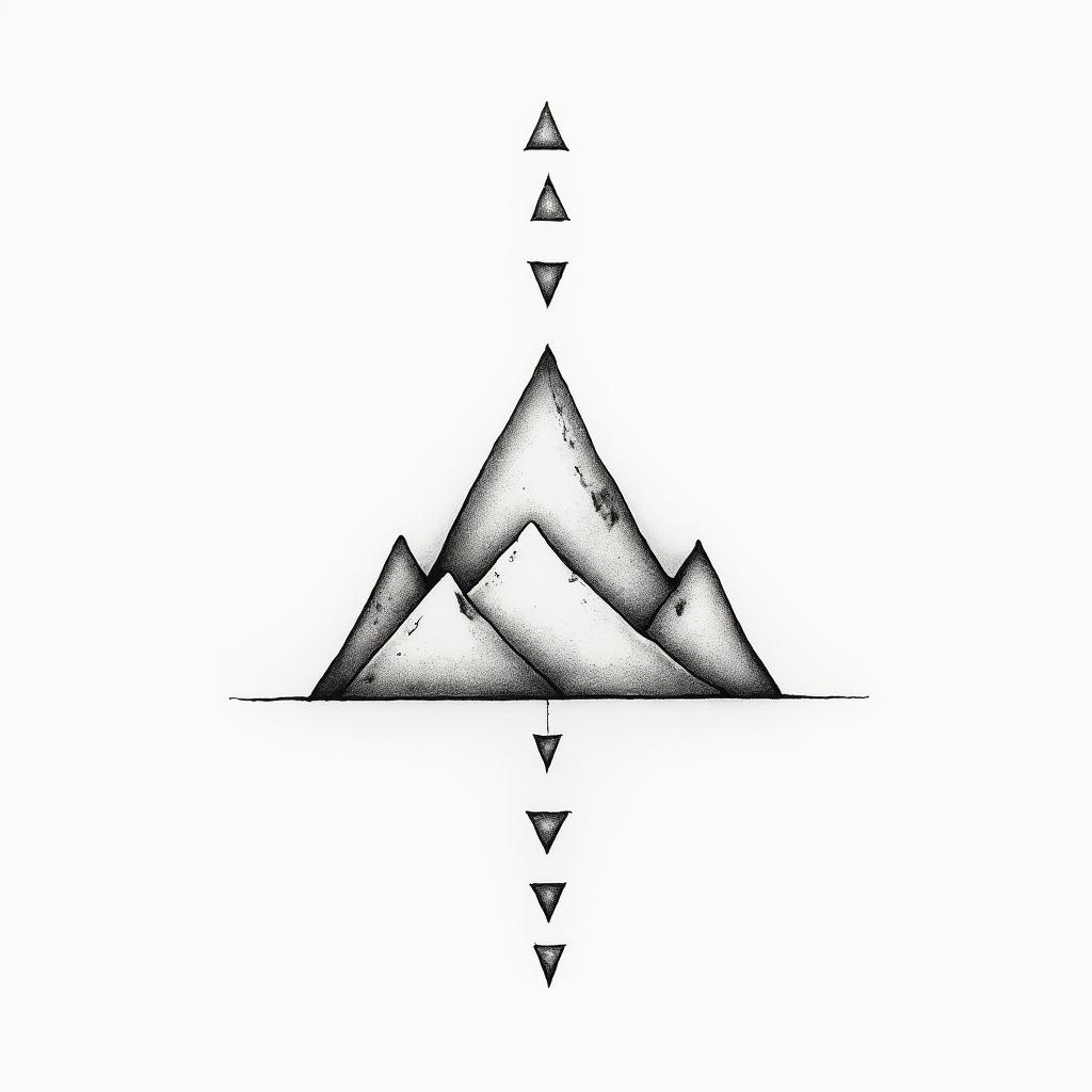 Mountain world balancein minimalist style tattoo, featuring simple shapes and fine lines, with minimal shading and details, tiny triangles, creating a sense of balance and harmony