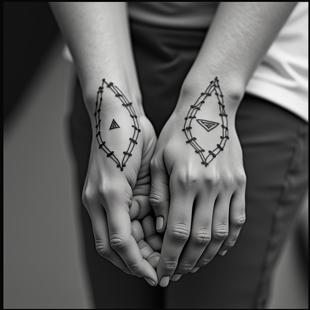Love between mother and sonin minimalist style tattoo, featuring simple shapes and fine lines, with minimal shading and details, tiny triangles, creating a sense of balance and harmony - Variation 5