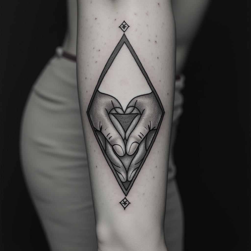 Love between mother and sonin minimalist style tattoo, featuring simple shapes and fine lines, with minimal shading and details, tiny triangles, creating a sense of balance and harmony - Variation 6
