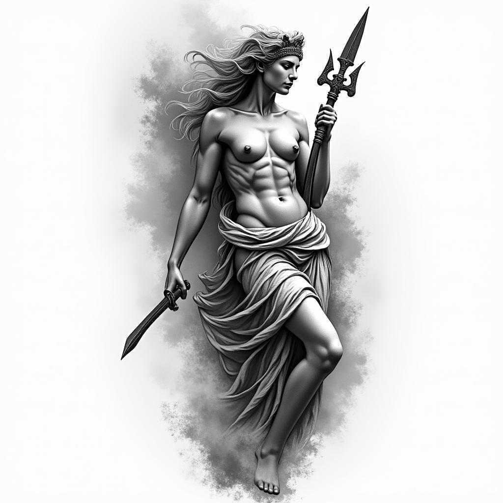 Athena, the goddess of war, firehigly detailed tattoo - Variation 31