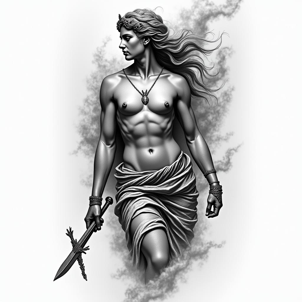 Athena, the goddess of war, firehigly detailed tattoo - Variation 30