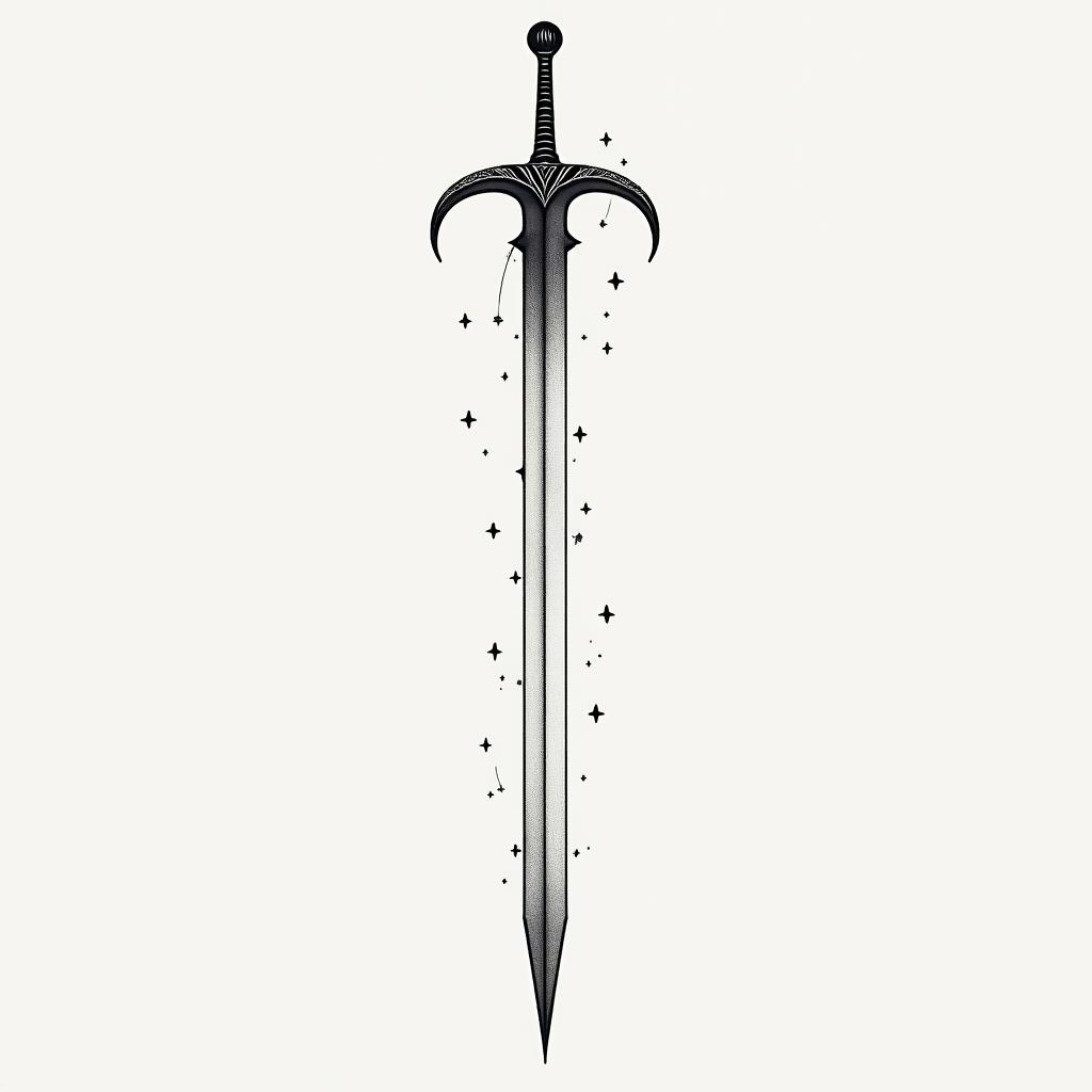 Sleep token sword of Damocles with lyrics suspending on a thread that state “nobody told me I’d get tired of myself”in minimalist style tattoo, featuring simple shapes and fine lines, with minimal shading and details, tiny triangles, creating a sense of balance and harmony - Variation 4
