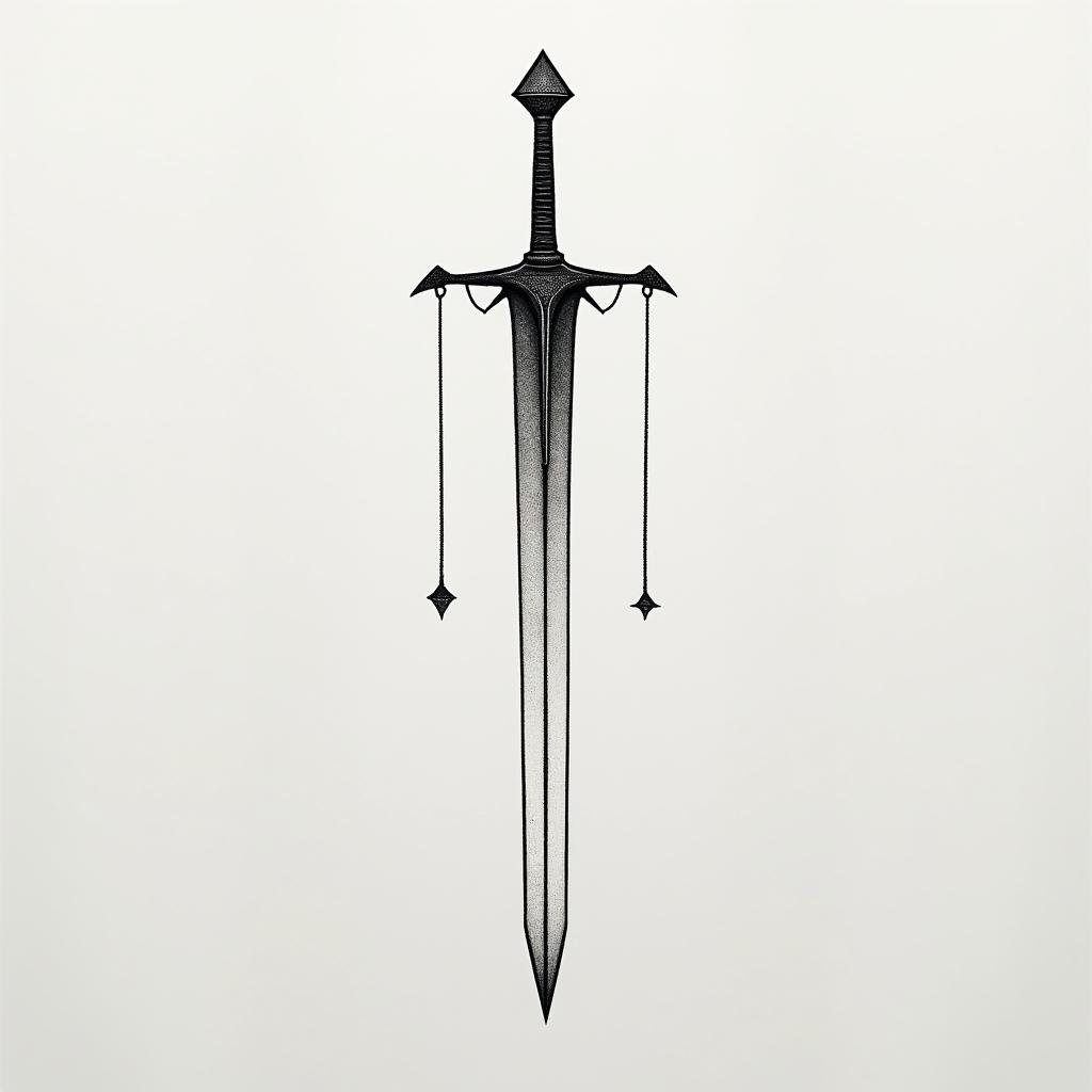 Sleep token sword of Damocles with lyrics suspending on a thread that state “nobody told me I’d get tired of myself”in minimalist style tattoo, featuring simple shapes and fine lines, with minimal shading and details, tiny triangles, creating a sense of balance and harmony - Variation 2