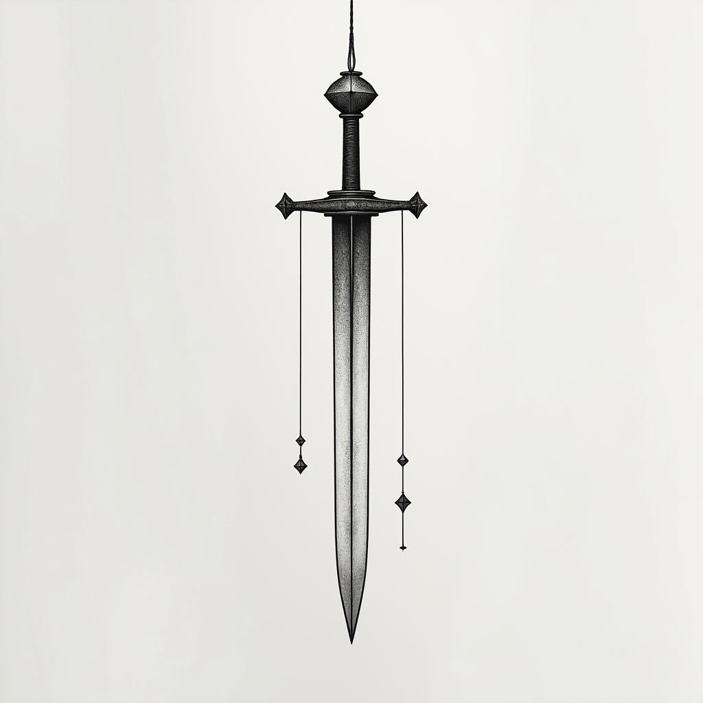 Sleep token sword of Damocles with lyrics suspending on a thread that state “nobody told me I’d get tired of myself”in minimalist style tattoo, featuring simple shapes and fine lines, with minimal shading and details, tiny triangles, creating a sense of balance and harmony