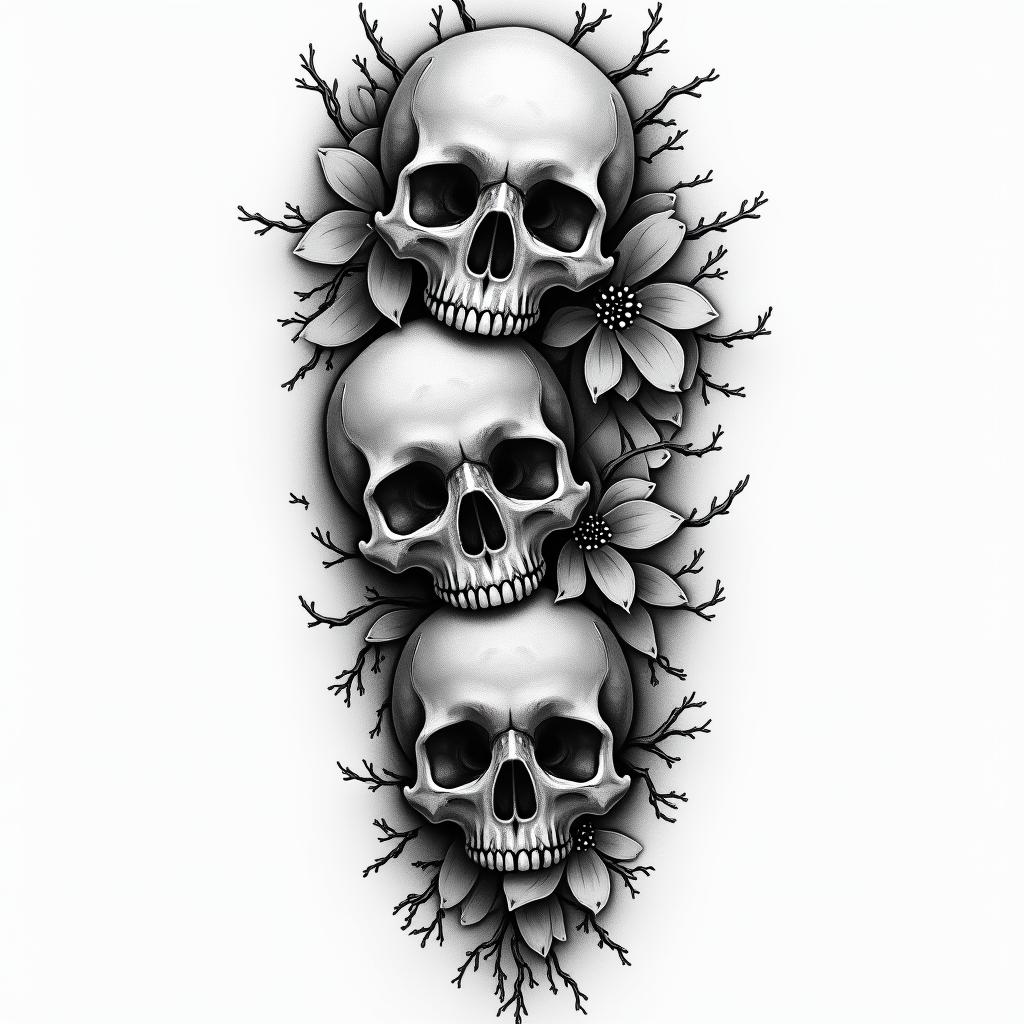 Cherry blossom with skulls arm sleeve in horror tattoo style, showcasing haunting and unsettling, dark and gritty textures with skulls, eerie faces, jgged designs, bold and intense shading - Variation 3