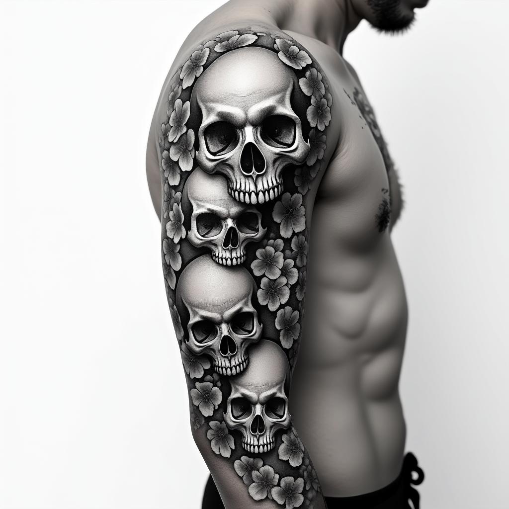 Cherry blossom with skulls arm sleeve in horror tattoo style, showcasing haunting and unsettling, dark and gritty textures with skulls, eerie faces, jgged designs, bold and intense shading - Variation 2