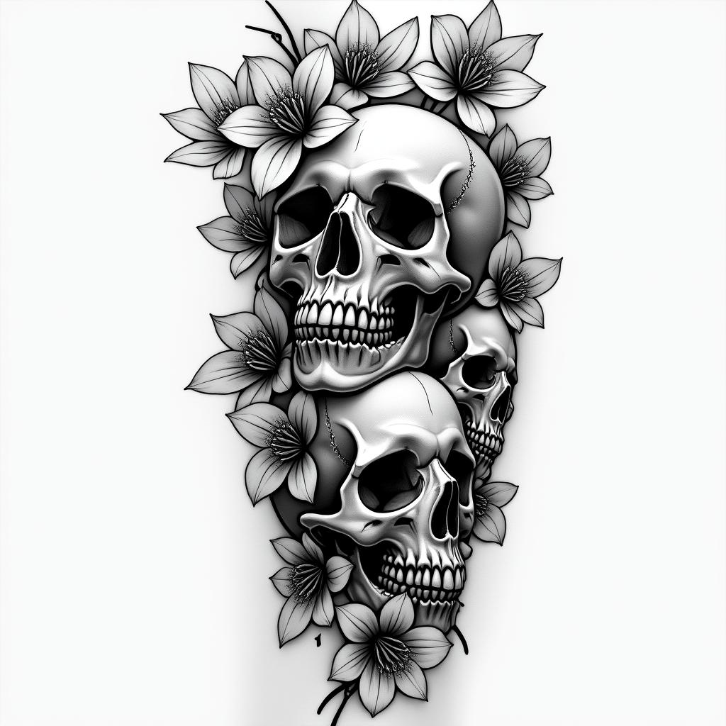 Cherry blossom with skulls arm sleeve in horror tattoo style, showcasing haunting and unsettling, dark and gritty textures with skulls, eerie faces, jgged designs, bold and intense shading - Variation 4