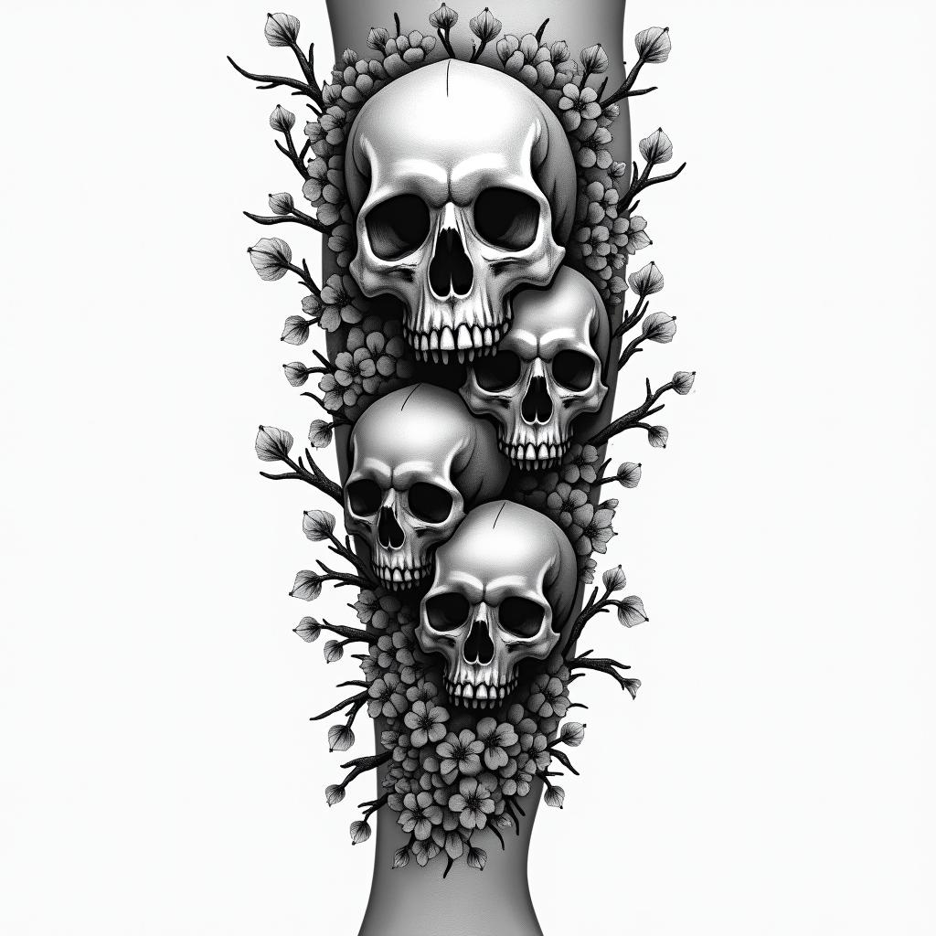 Cherry blossom with skulls arm sleeve in horror tattoo style, showcasing haunting and unsettling, dark and gritty textures with skulls, eerie faces, jgged designs, bold and intense shading
