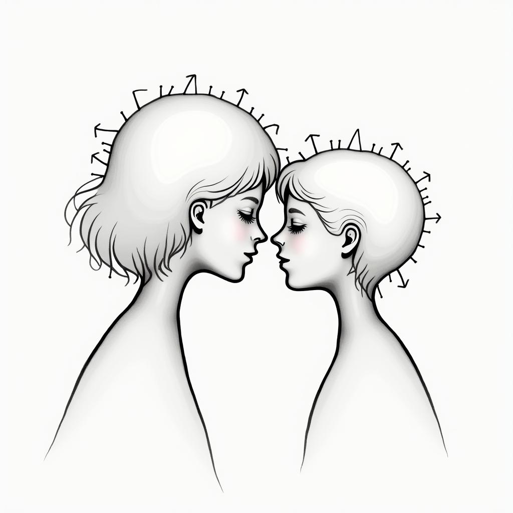 Love between mother and sonin minimalist style tattoo, featuring simple shapes and fine lines, with minimal shading and details, tiny triangles, creating a sense of balance and harmony