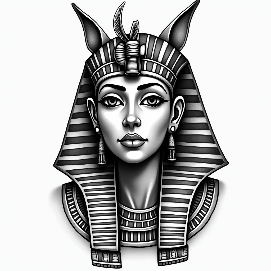 Gemini Graciela lovein egyptian style tattoo, bold elements of ancient egyptian culture including a portrait of an Egyptian pharaoh with detailed facial features, in hieroglyphs and symbolic imagery, eye of horus, ankh symbol, scarab beetle - Variation 3