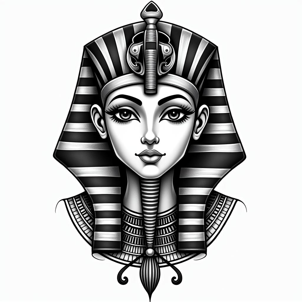 Gemini Graciela lovein egyptian style tattoo, bold elements of ancient egyptian culture including a portrait of an Egyptian pharaoh with detailed facial features, in hieroglyphs and symbolic imagery, eye of horus, ankh symbol, scarab beetle - Variation 4
