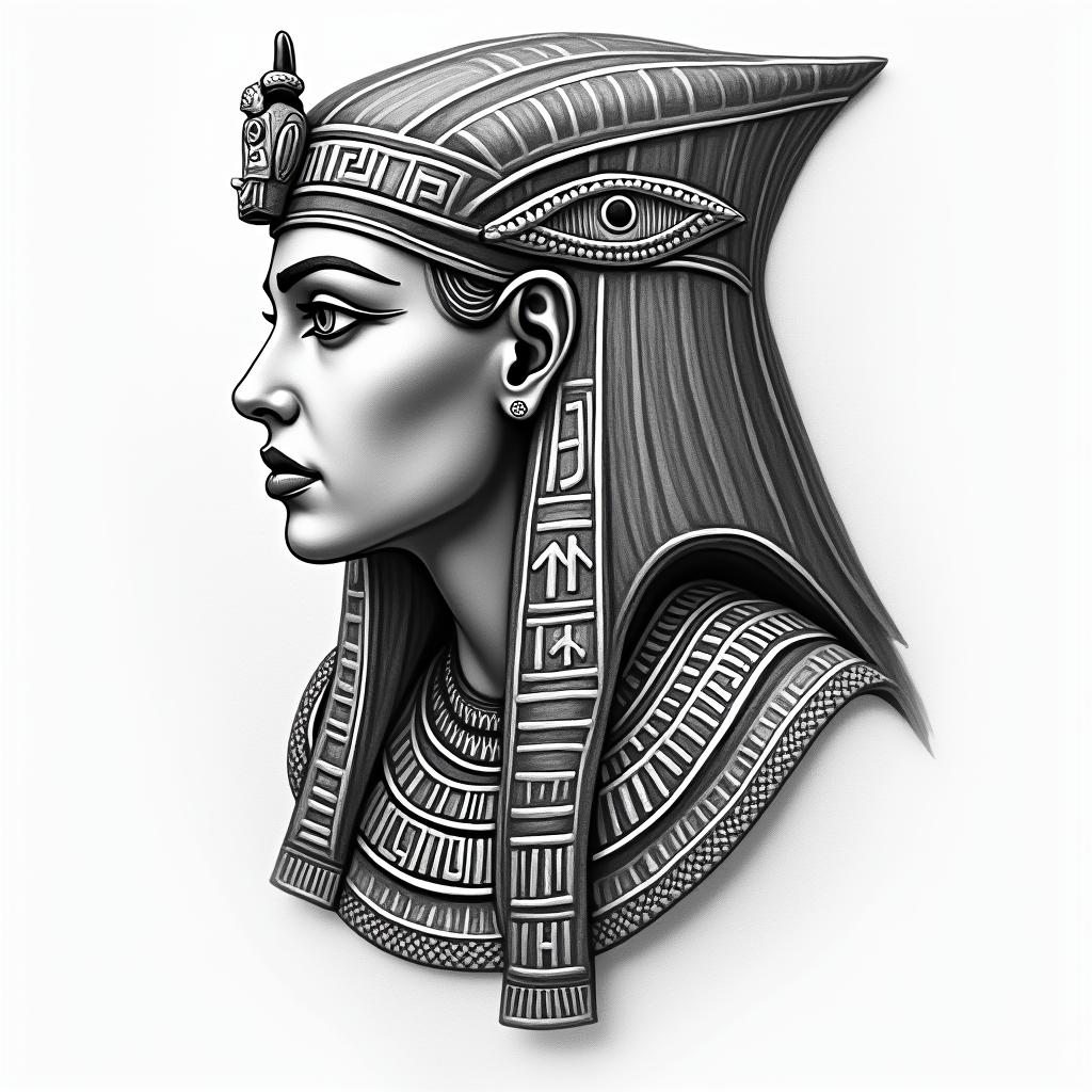 Gemini Graciela lovein egyptian style tattoo, bold elements of ancient egyptian culture including a portrait of an Egyptian pharaoh with detailed facial features, in hieroglyphs and symbolic imagery, eye of horus, ankh symbol, scarab beetle - Variation 2