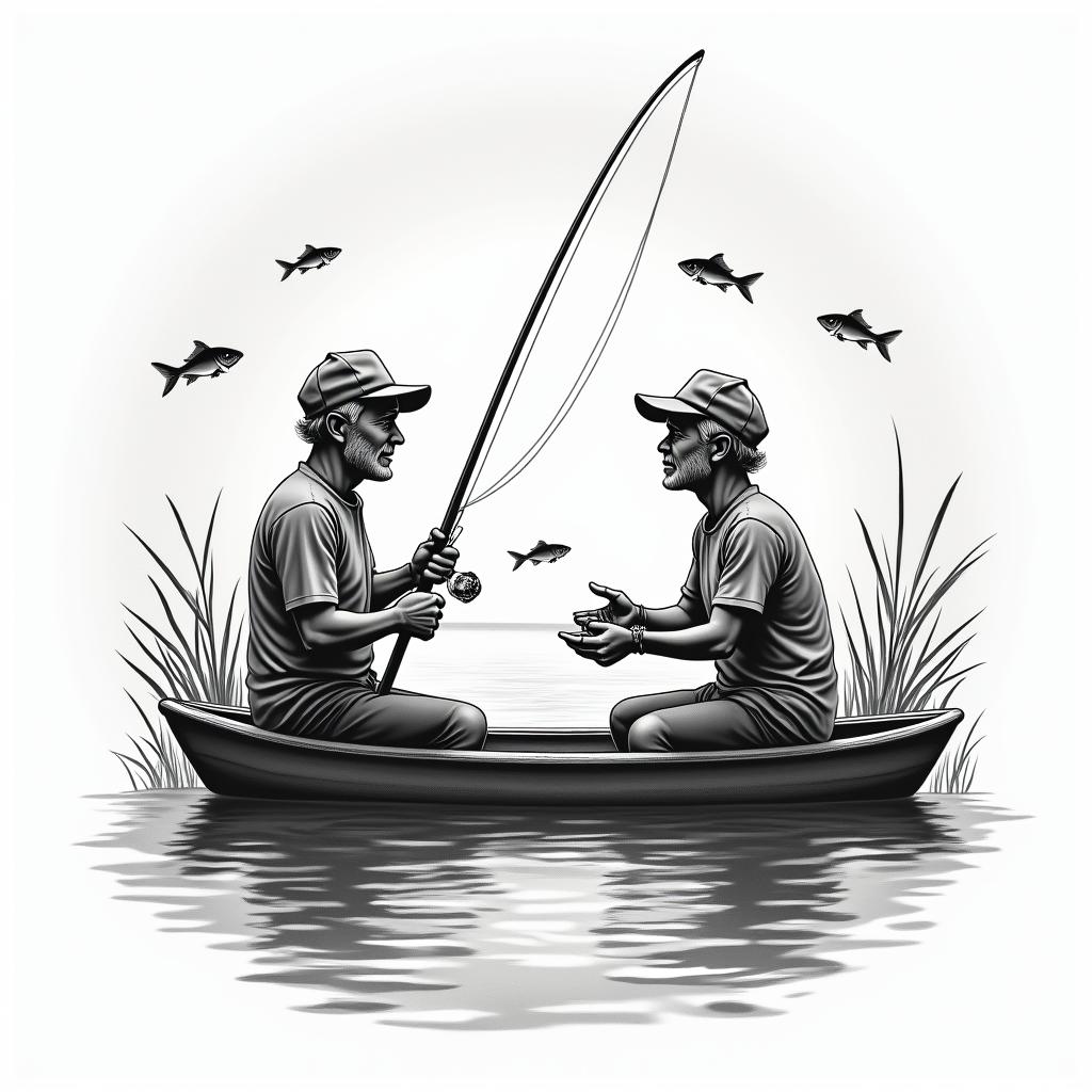 An illustrative tattoo depicting a happy scene of a person fishing with their grandad at sunset, surrounded by calm waters, with silhouettes of fish jumping. Include a caption that reads "gone fishing 11-08-23" incorporated into the design, emphasizing the joyful bond between them.higly detailed tattoo - Variation 2