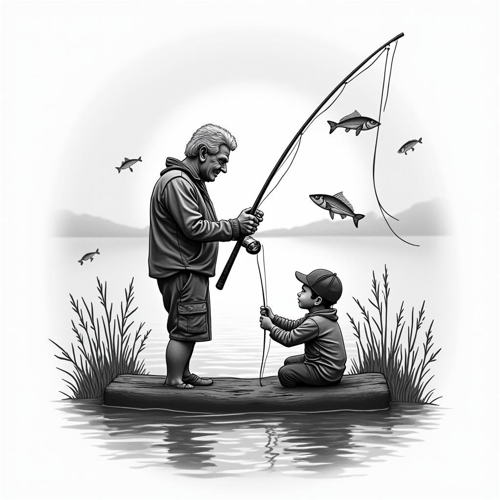 An illustrative tattoo depicting a happy scene of a person fishing with their grandad at sunset, surrounded by calm waters, with silhouettes of fish jumping. Include a caption that reads "gone fishing 11-08-23" incorporated into the design, emphasizing the joyful bond between them.higly detailed tattoo - Variation 3
