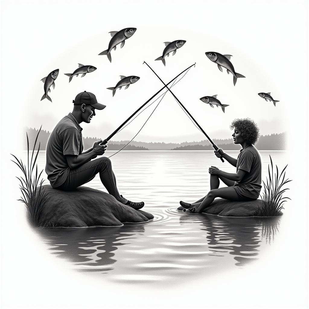 An illustrative tattoo depicting a happy scene of a person fishing with their grandad at sunset, surrounded by calm waters, with silhouettes of fish jumping. Include a caption that reads "gone fishing 11-08-23" incorporated into the design, emphasizing the joyful bond between them.higly detailed tattoo - Variation 4