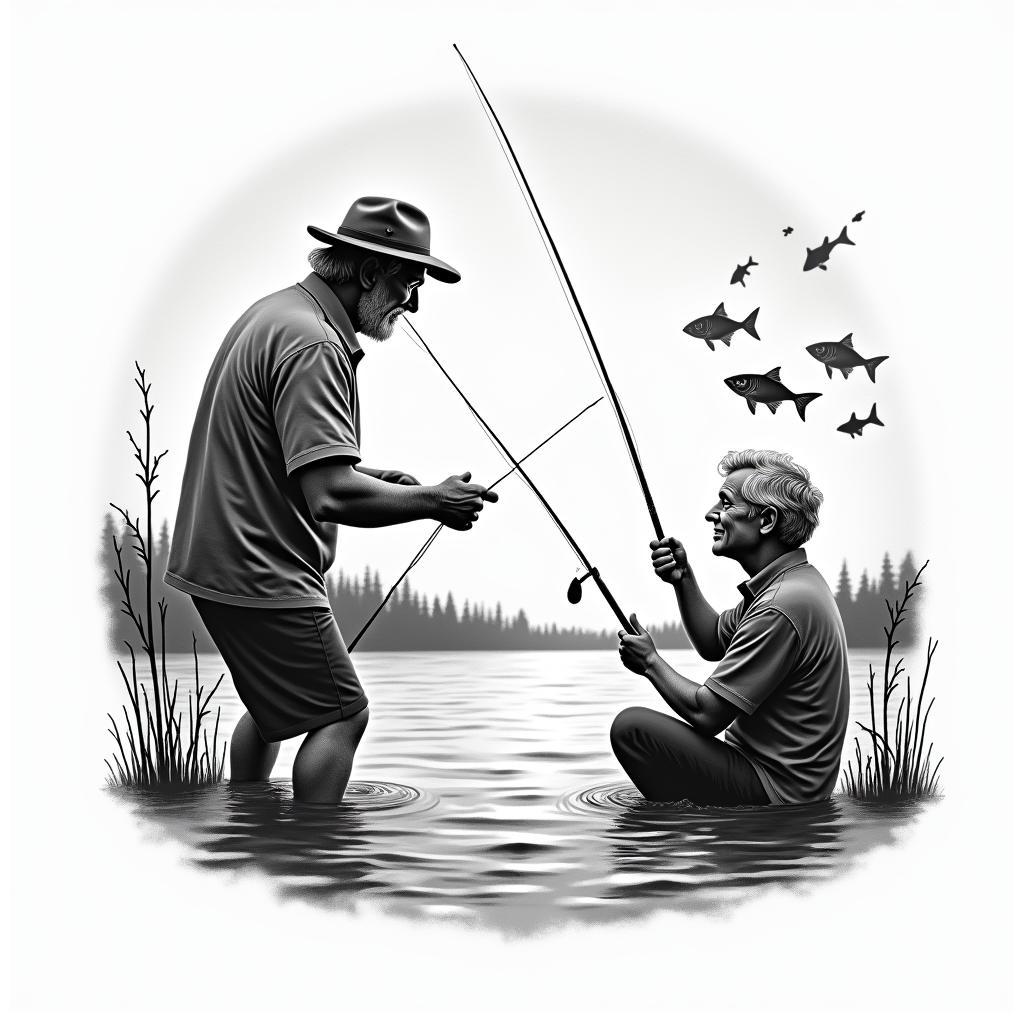 An illustrative tattoo depicting a happy scene of a person fishing with their grandad at sunset, surrounded by calm waters, with silhouettes of fish jumping. Include a caption that reads "gone fishing 11-08-23" incorporated into the design, emphasizing the joyful bond between them.higly detailed tattoo