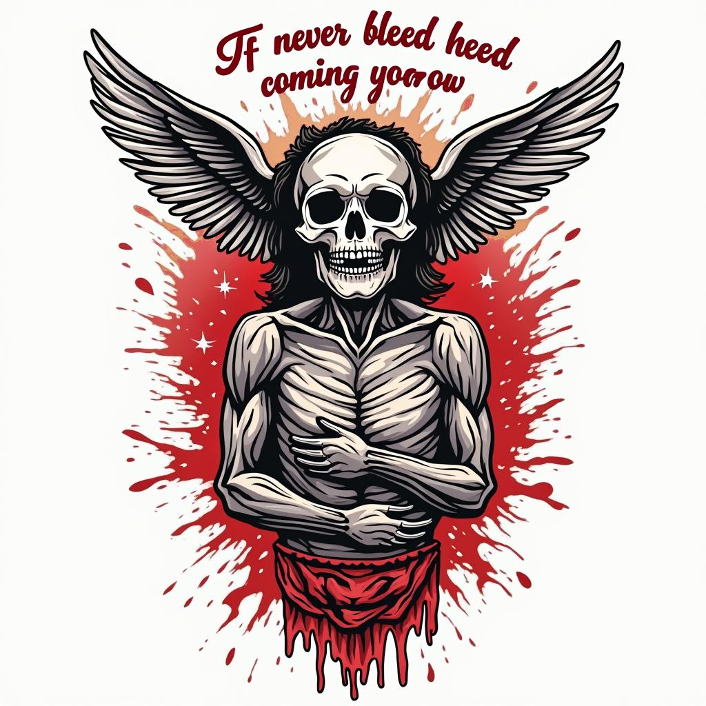 If you never bleed you’re never going to growin pop art style tattoo, featuring bold and vibrant colors, exaggerated outlines, iconic imagery, inspired by comic books and speech bubbles, comic book characters, retro pop culture - Variation 2