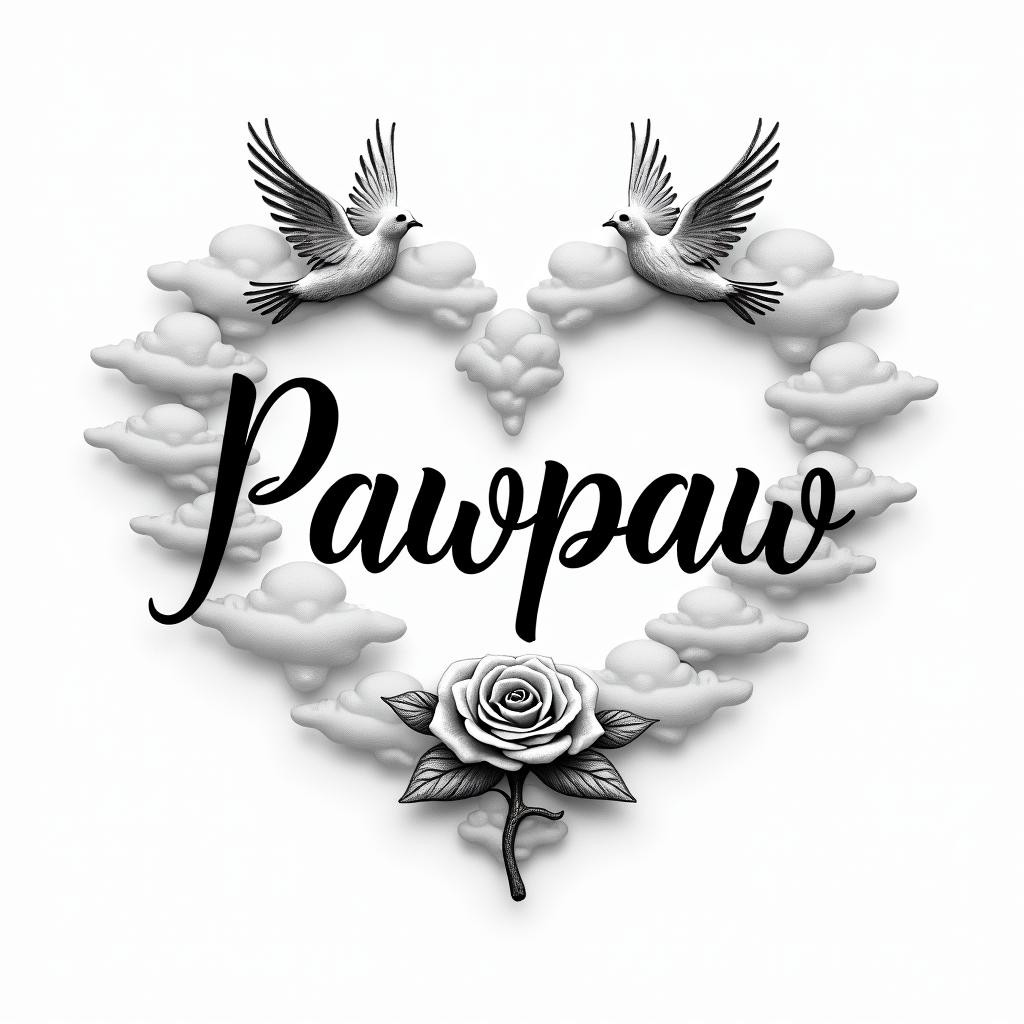 Pawpaw with clouds and dovesin elegant cursive calligraphy style 2d tattoo, decorate with roses, featuring a smooth and flowing handwritten script with slightly thickened strokes for a luxurious and bold appearance,  heart symbol between names,  sleek and glossy black text with shadowing, minimalist matte white background, clean and sharp edges, illuminated with soft lighting, romantic, 8k, high-quality textures with refined typography - Variation 3