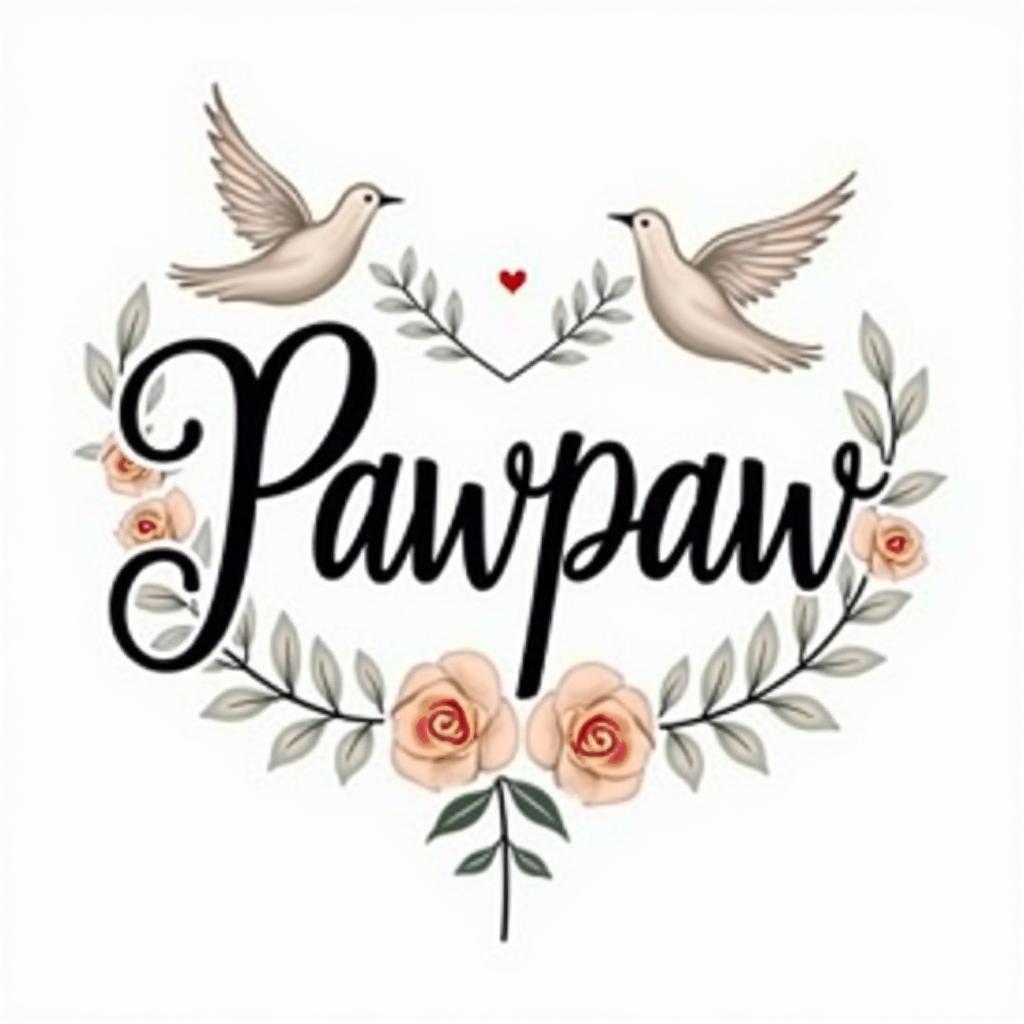 Pawpaw with clouds and dovesin elegant cursive calligraphy style 2d tattoo, decorate with roses, featuring a smooth and flowing handwritten script with slightly thickened strokes for a luxurious and bold appearance,  heart symbol between names,  sleek and glossy black text with shadowing, minimalist matte white background, clean and sharp edges, illuminated with soft lighting, romantic, 8k, high-quality textures with refined typography