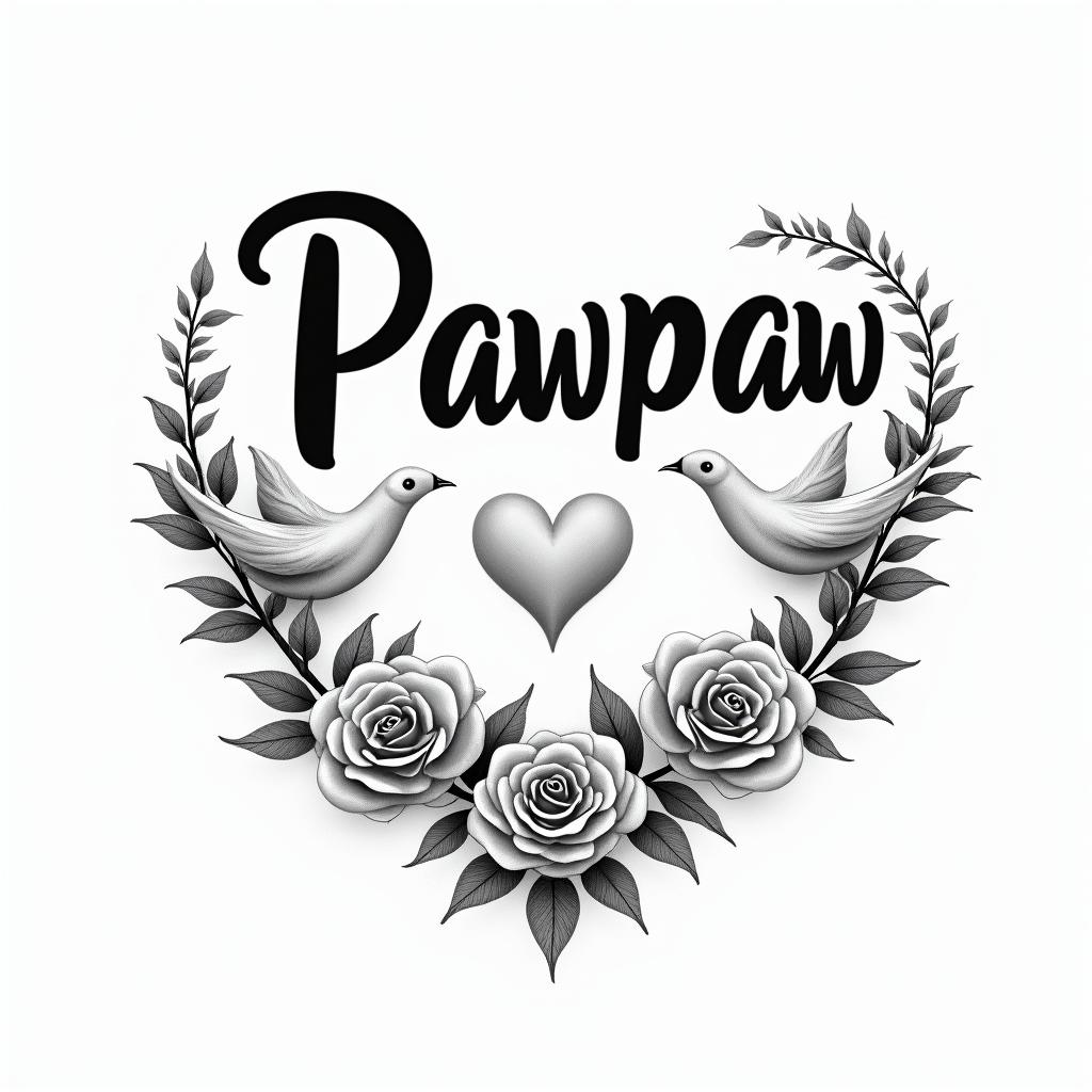 Pawpaw with clouds and dovesin elegant cursive calligraphy style 2d tattoo, decorate with roses, featuring a smooth and flowing handwritten script with slightly thickened strokes for a luxurious and bold appearance,  heart symbol between names,  sleek and glossy black text with shadowing, minimalist matte white background, clean and sharp edges, illuminated with soft lighting, romantic, 8k, high-quality textures with refined typography - Variation 2