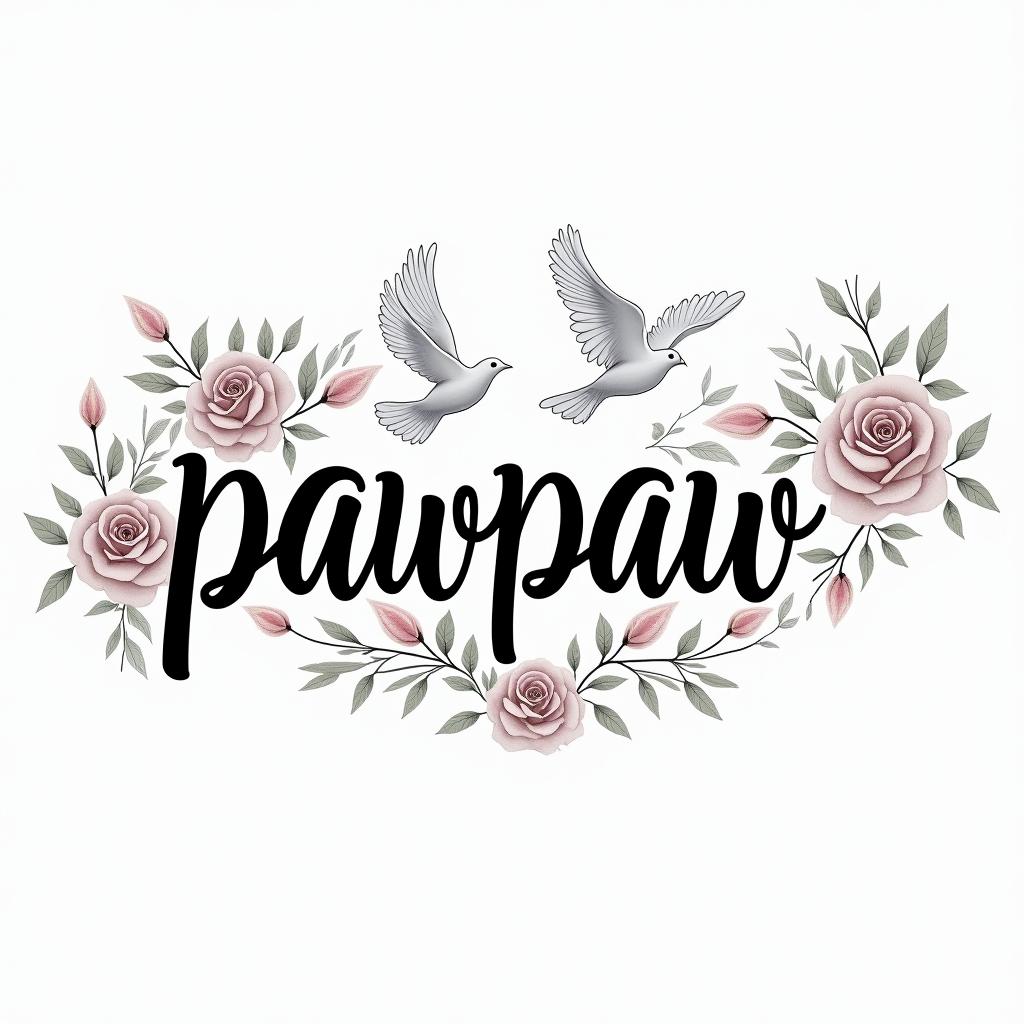 Pawpaw with clouds and dovesin elegant cursive calligraphy style 2d tattoo, decorate with roses, featuring a smooth and flowing handwritten script with slightly thickened strokes for a luxurious and bold appearance,  heart symbol between names,  sleek and glossy black text with shadowing, minimalist matte white background, clean and sharp edges, illuminated with soft lighting, romantic, 8k, high-quality textures with refined typography - Variation 4