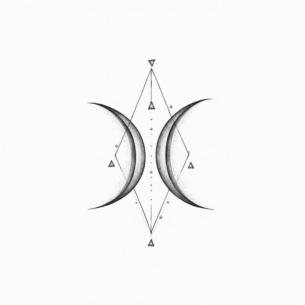 Gemini line tattoo for couplein minimalist style tattoo, featuring simple shapes and fine lines, with minimal shading and details, tiny triangles, creating a sense of balance and harmony - Variation 4