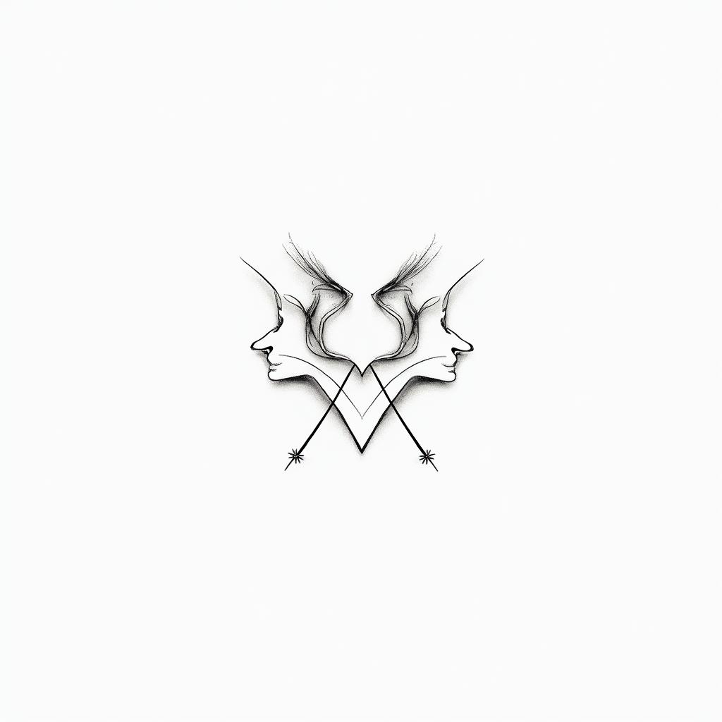 Gemini line tattoo for couplein minimalist style tattoo, featuring simple shapes and fine lines, with minimal shading and details, tiny triangles, creating a sense of balance and harmony