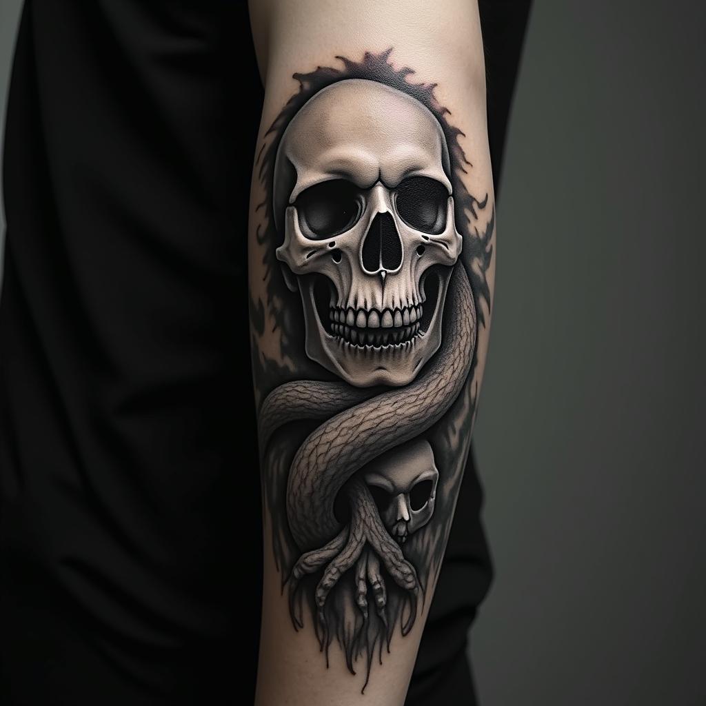 Angel sky memorial in horror tattoo style, showcasing haunting and unsettling, dark and gritty textures with skulls, eerie faces, jgged designs, bold and intense shading - Variation 2