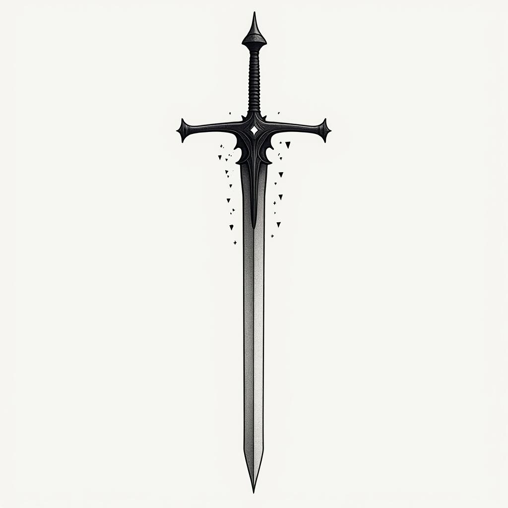 Sword of Damocles from sleep tokenin minimalist style tattoo, featuring simple shapes and fine lines, with minimal shading and details, tiny triangles, creating a sense of balance and harmony