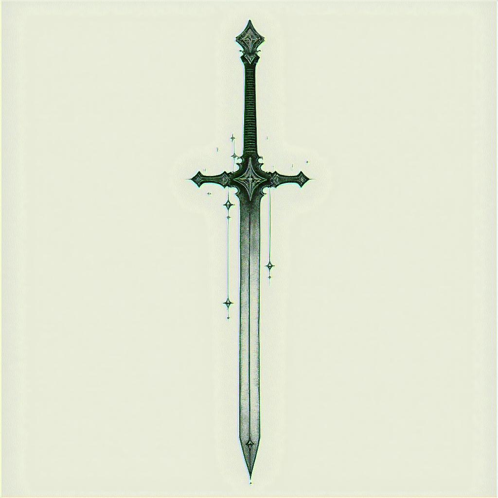 Sword of Damocles from sleep tokenin minimalist style tattoo, featuring simple shapes and fine lines, with minimal shading and details, tiny triangles, creating a sense of balance and harmony - Variation 4