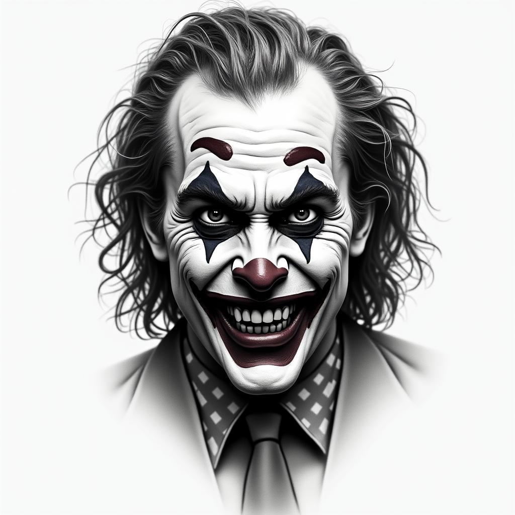 The Joker with a menacing smilein portrait tattoo style, featuring a highly realistic and detailed depiction
