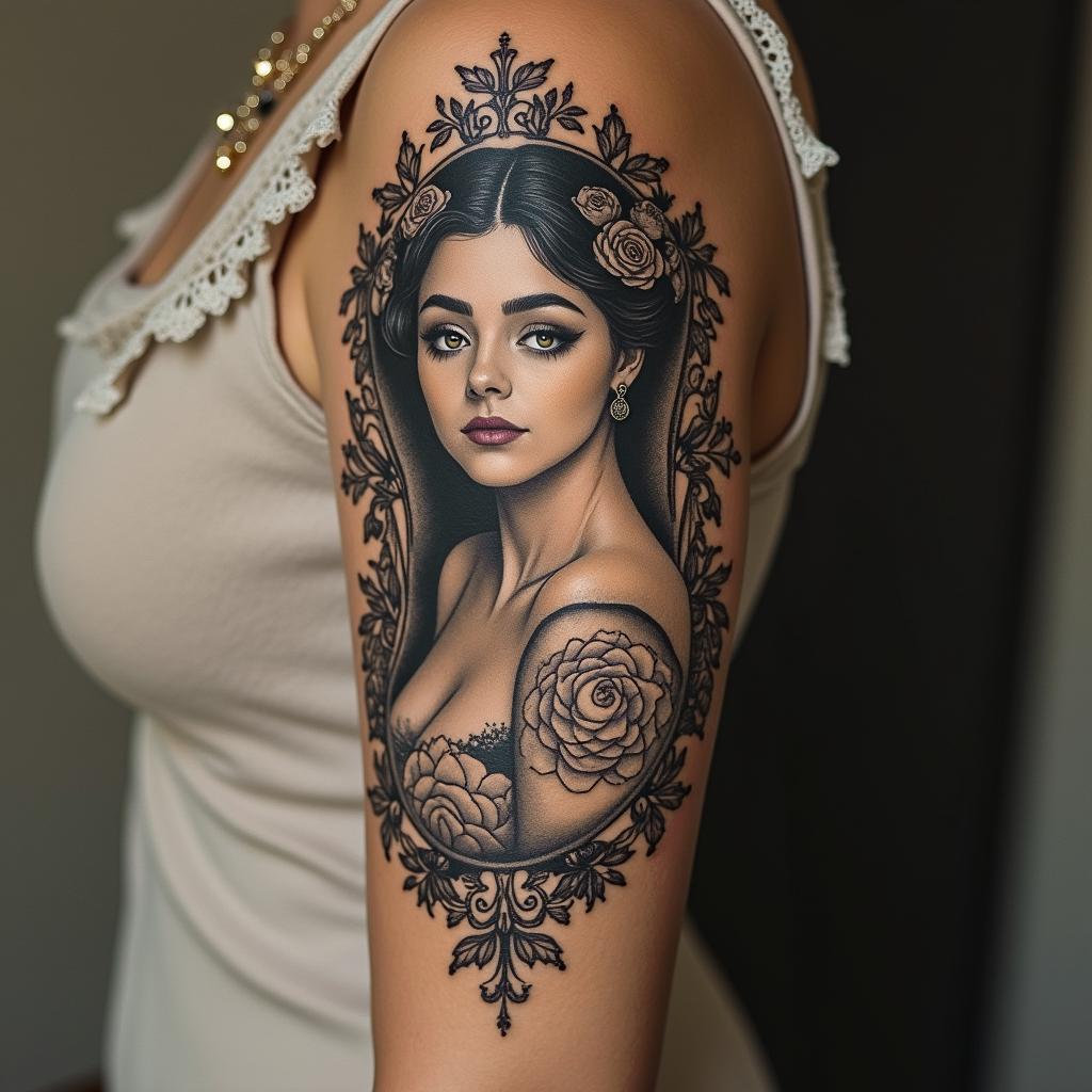 Gemini Graciela lovein victorian style tattoo, featuring vintage and elegant elements, ornate frames, roses, antique, sepia-toned color scheme - Variation 4