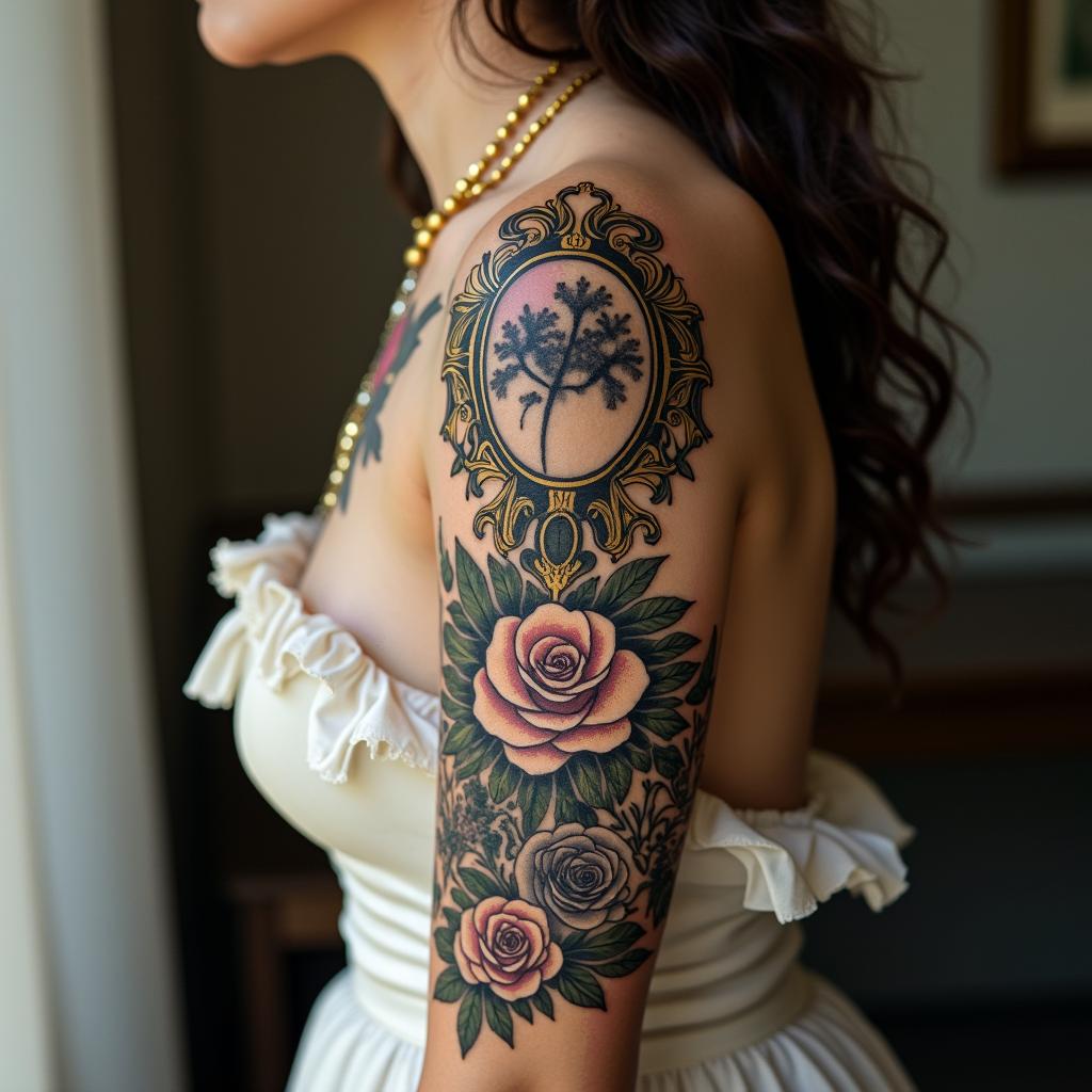 Gemini Graciela lovein victorian style tattoo, featuring vintage and elegant elements, ornate frames, roses, antique, sepia-toned color scheme