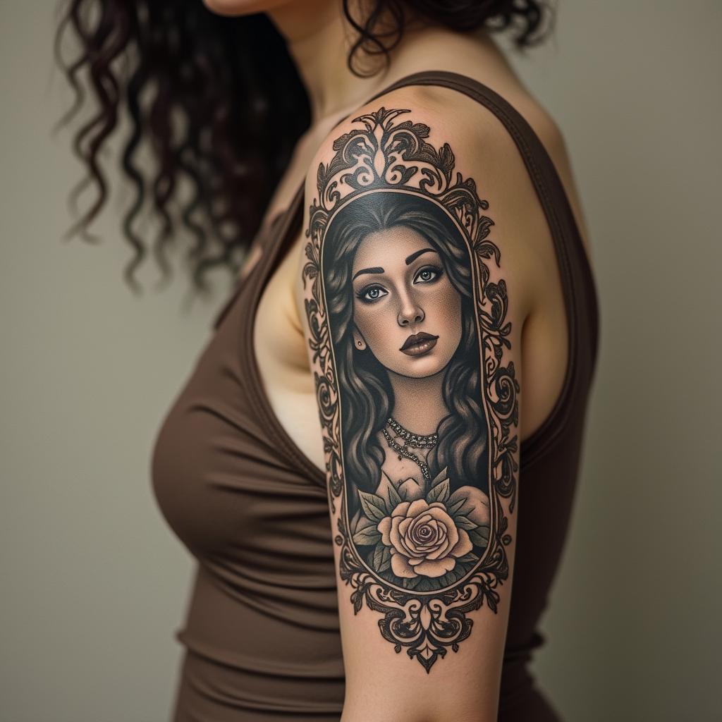 Gemini Graciela lovein victorian style tattoo, featuring vintage and elegant elements, ornate frames, roses, antique, sepia-toned color scheme - Variation 3