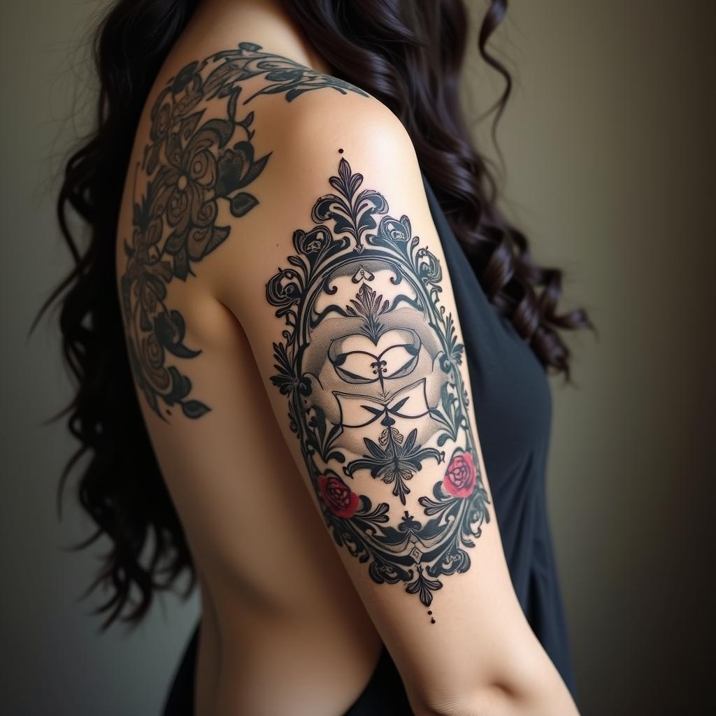 Gemini Graciela lovein victorian style tattoo, featuring vintage and elegant elements, ornate frames, roses, antique, sepia-toned color scheme - Variation 2