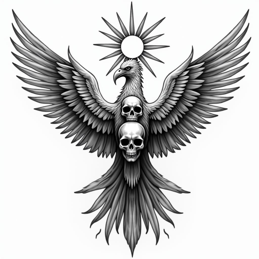 A phoenix with 3 skulls and a sun on top.higly detailed tattoo - Variation 8
