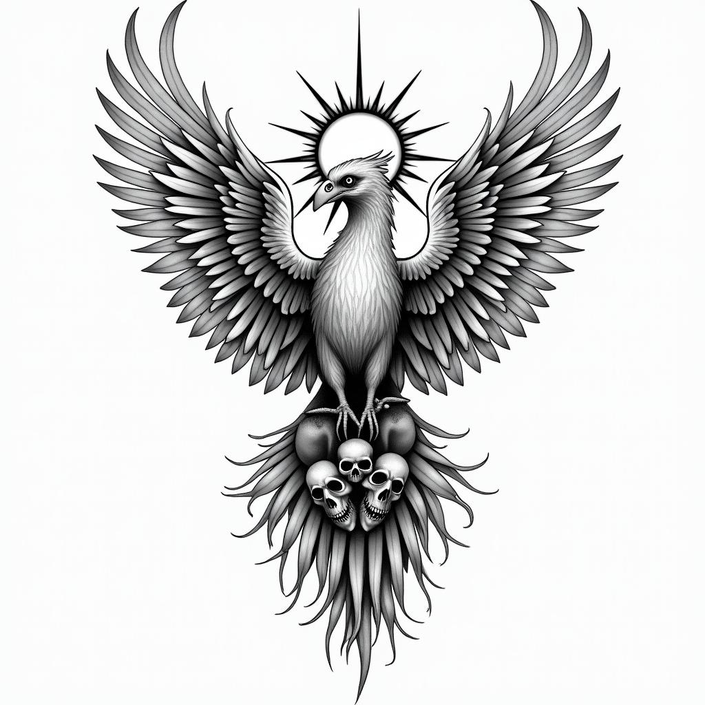 A phoenix with 3 skulls and a sun on top.higly detailed tattoo - Variation 7