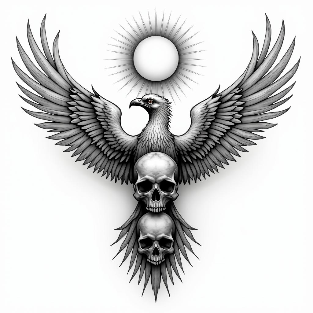 A phoenix with 3 skulls and a sun on top.higly detailed tattoo - Variation 6