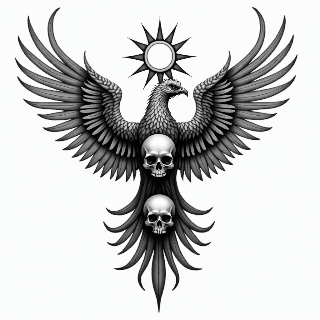 A phoenix with 3 skulls and a sun on top.higly detailed tattoo - Variation 5