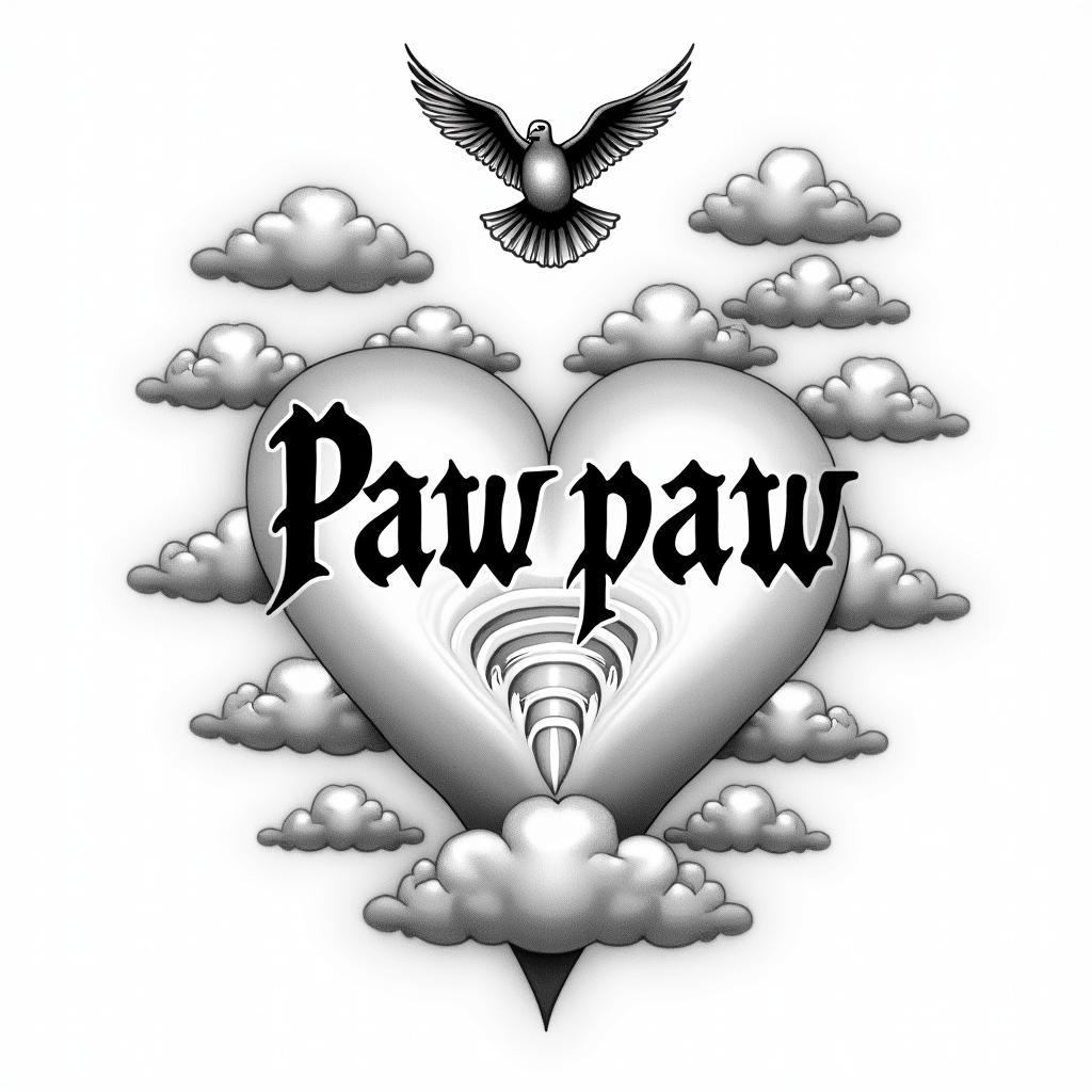 Pawpaw with clouds and dovestext-based tattoo, gothic font ultra-realistic, perfectly placed, high-quality font design, photo-realistic shading, 8k, high quality, finely detailed typography